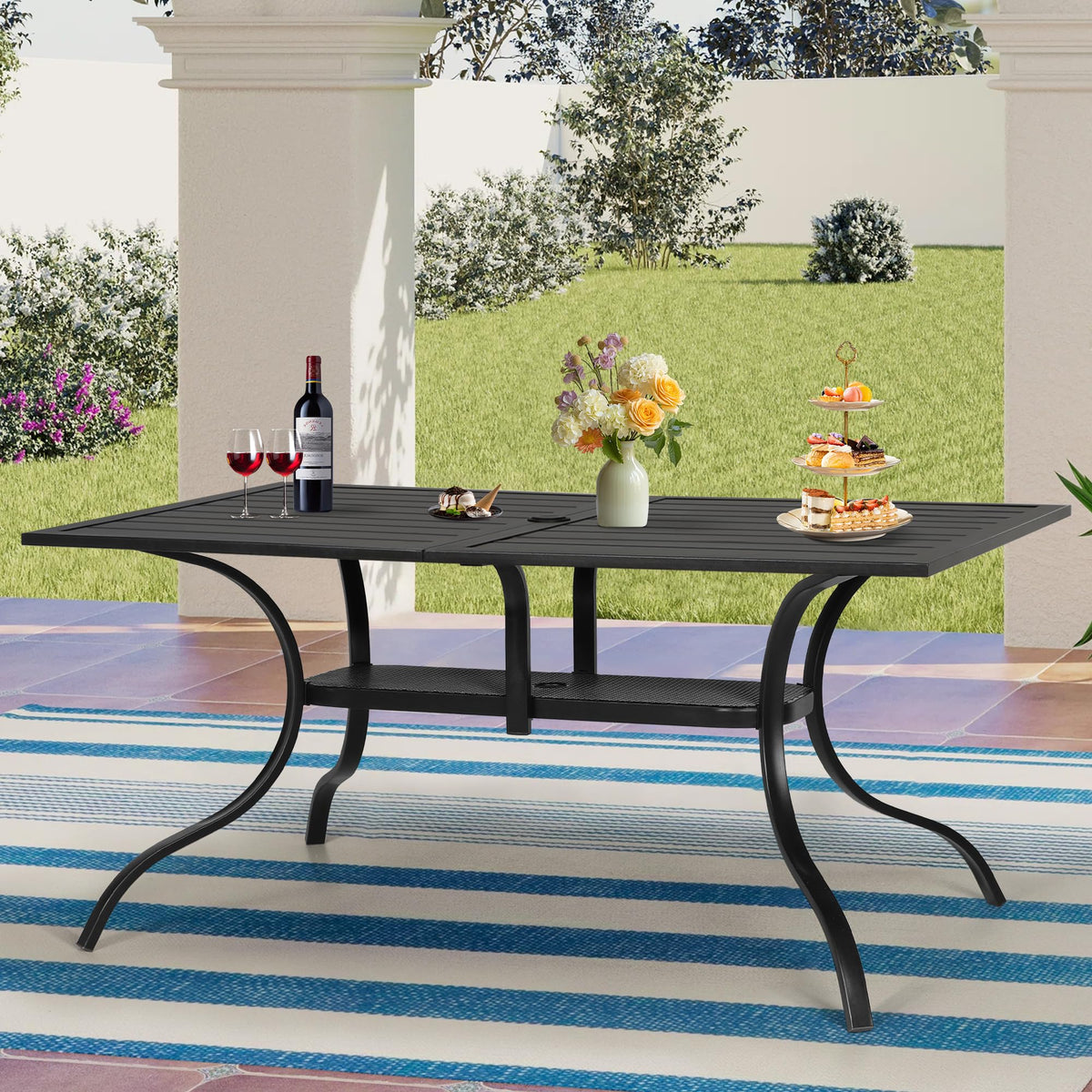 Patiomore Patio Dining Table, 60" x 37"Outdoor Rectangular Metal Table,1.57" Umbrella Hole, for Backyards, Porches, Gardens or Poolside, Black
