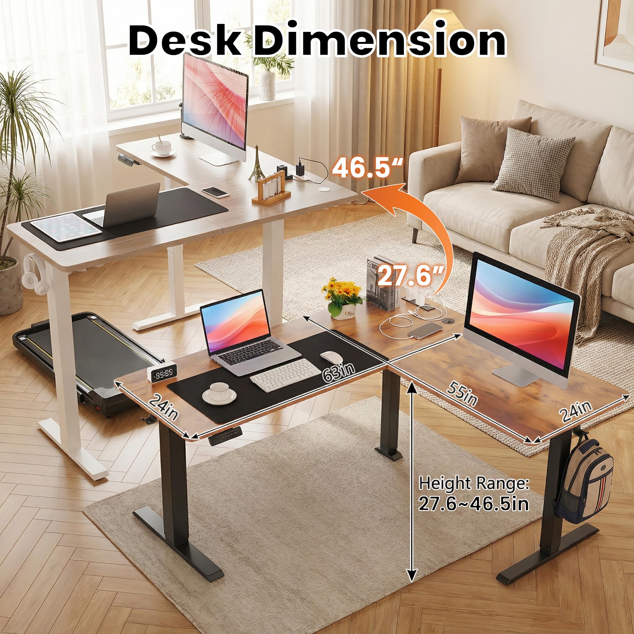farexon 63x55 Inch L Shaped Standing Desk with Outlets, Electric Adjustable Height Stand Up Desk, Corner sit Stand Desk with Mouse Pad, Hook, Home Office Writing Gaming Computer Workstation,Brown