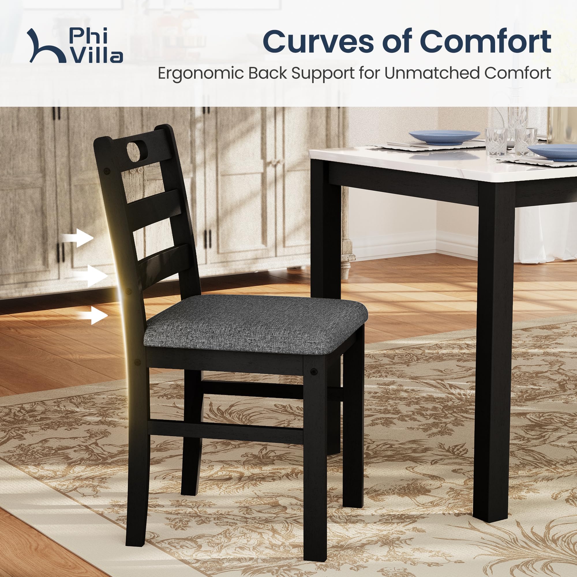 5-Piece Solid Wood Dining Table Set with Faux Marble Top