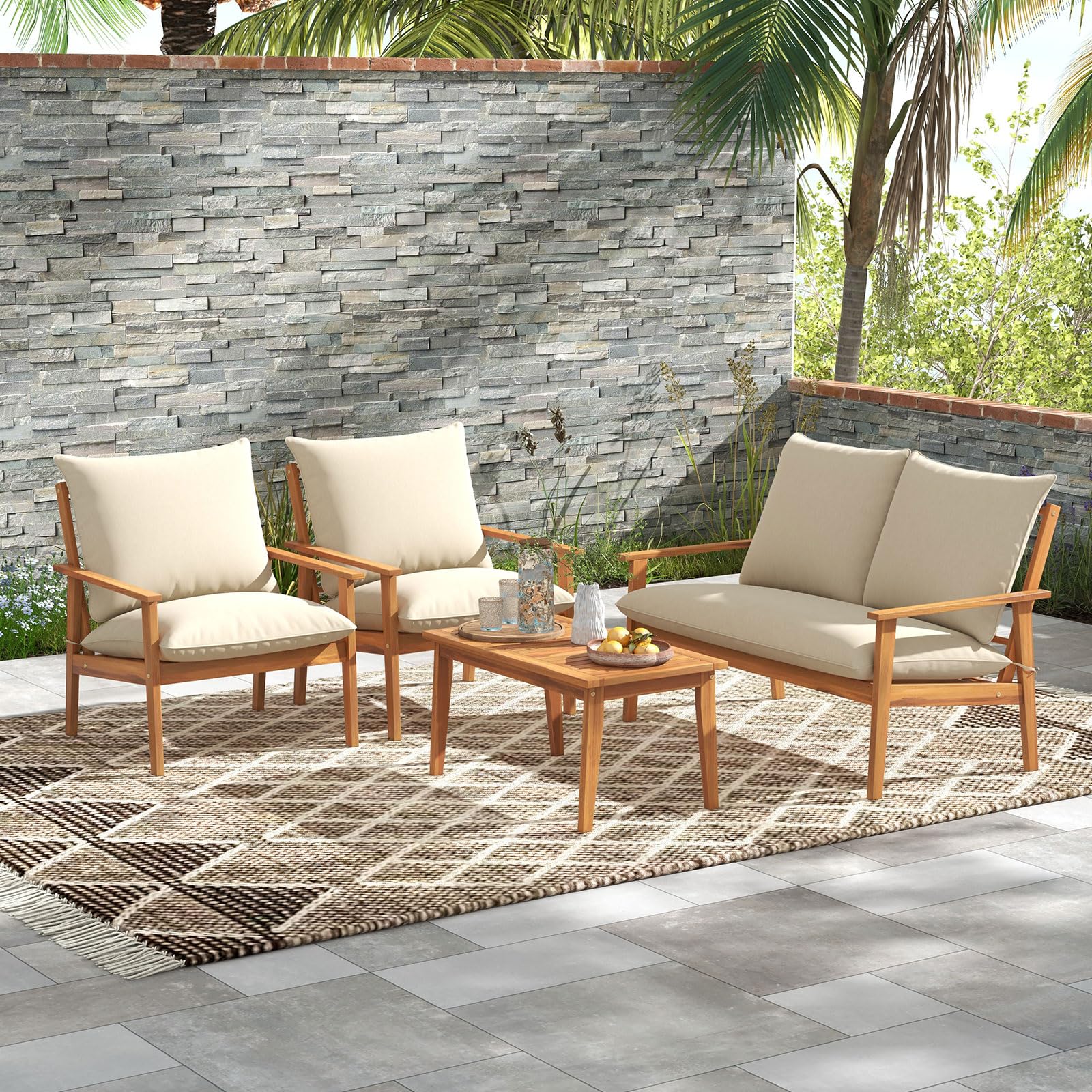4-Piece Acacia Wood Patio Conversation Set with Cushions