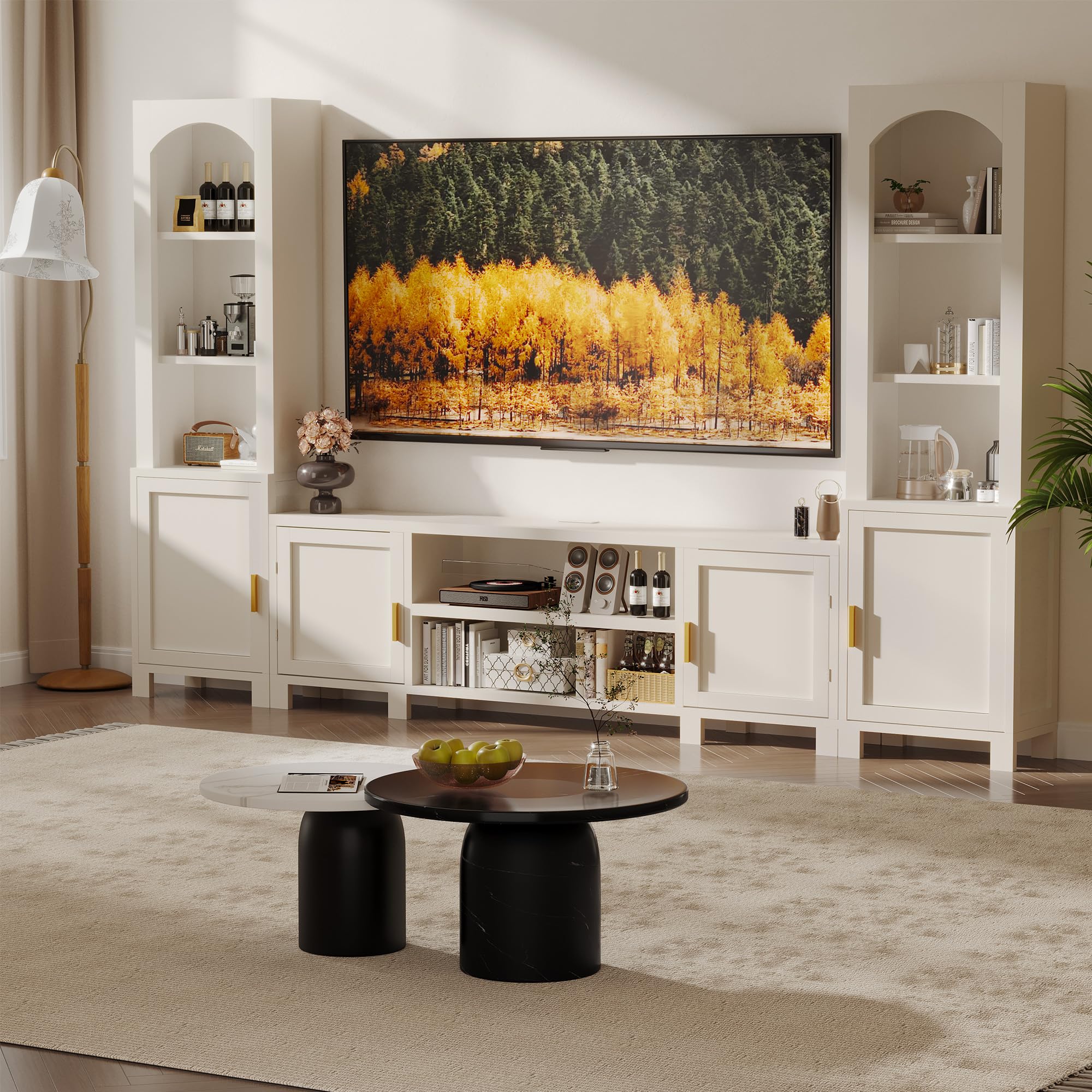 AwayHome 3-Piece Entertainment Center with Bookshelves for TVs up to 70", 94" W Large Wall Unit TV Stand with Power Outlets & Storage Cabinets, Modern White Media Console for Living Room, Bedroom