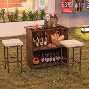 HAPPYGRILL 3 Pieces Patio Bar Set PE Wicker Outdoor Bar Table and Stools Set with Removable Cushions, Tempered Glass Tabletop and Storage Shelves for Porch, Backyard, Garden and Poolside