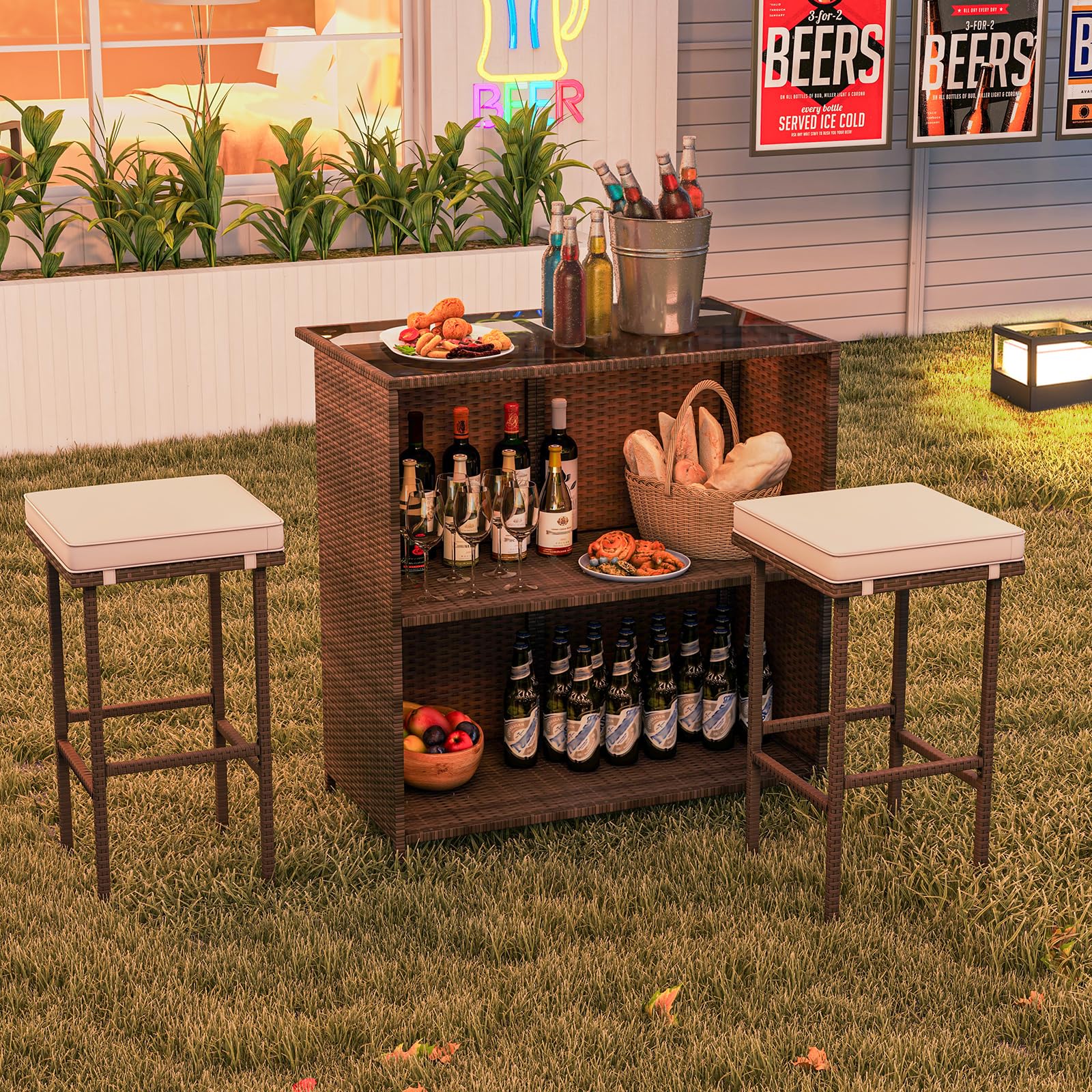 RELAX4FLIE 3-Piece Outdoor Bar Set - PE Rattan Wicker Bar Table and Stools with Removable Cushions, Tempered Glass Top & 2 Storage Shelves for Porch, Backyard, Garden, Poolside