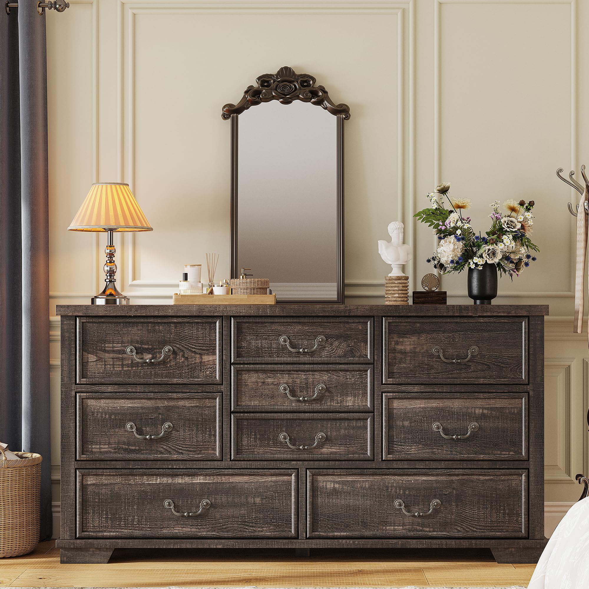 EnHomee Farmhouse 9 Drawer Dresser for Bedroom, 52" Wooden Dresser with Vintage Design, Hallway, 15.6" D x 52" W x 36" H Dark Rustic Oak