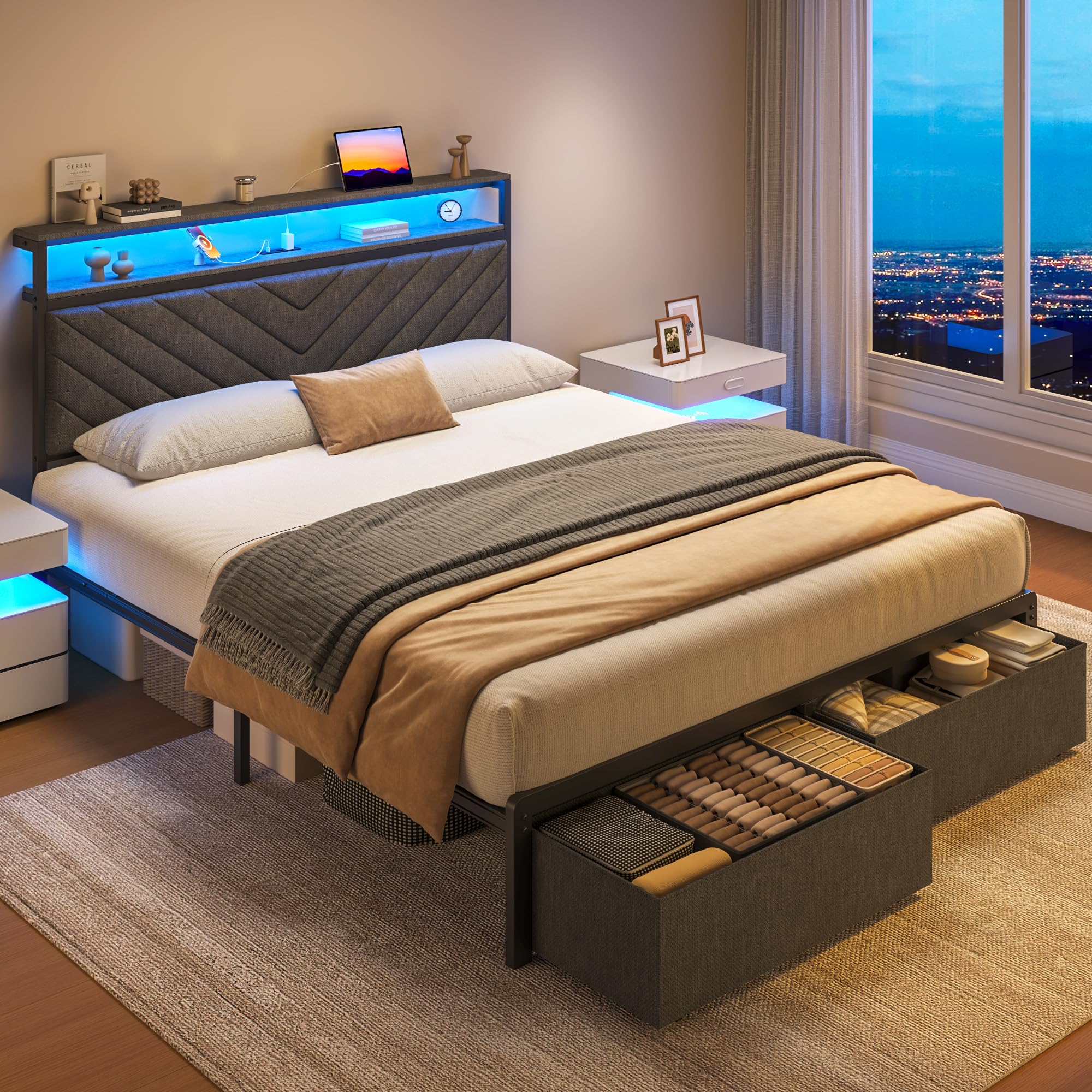 Upholstered Bed Frame with Storage Drawers, Charging Headboard & LED Lights