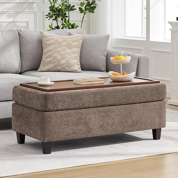 Large Storage Ottoman Bench with Flip-Top Wooden Tray
