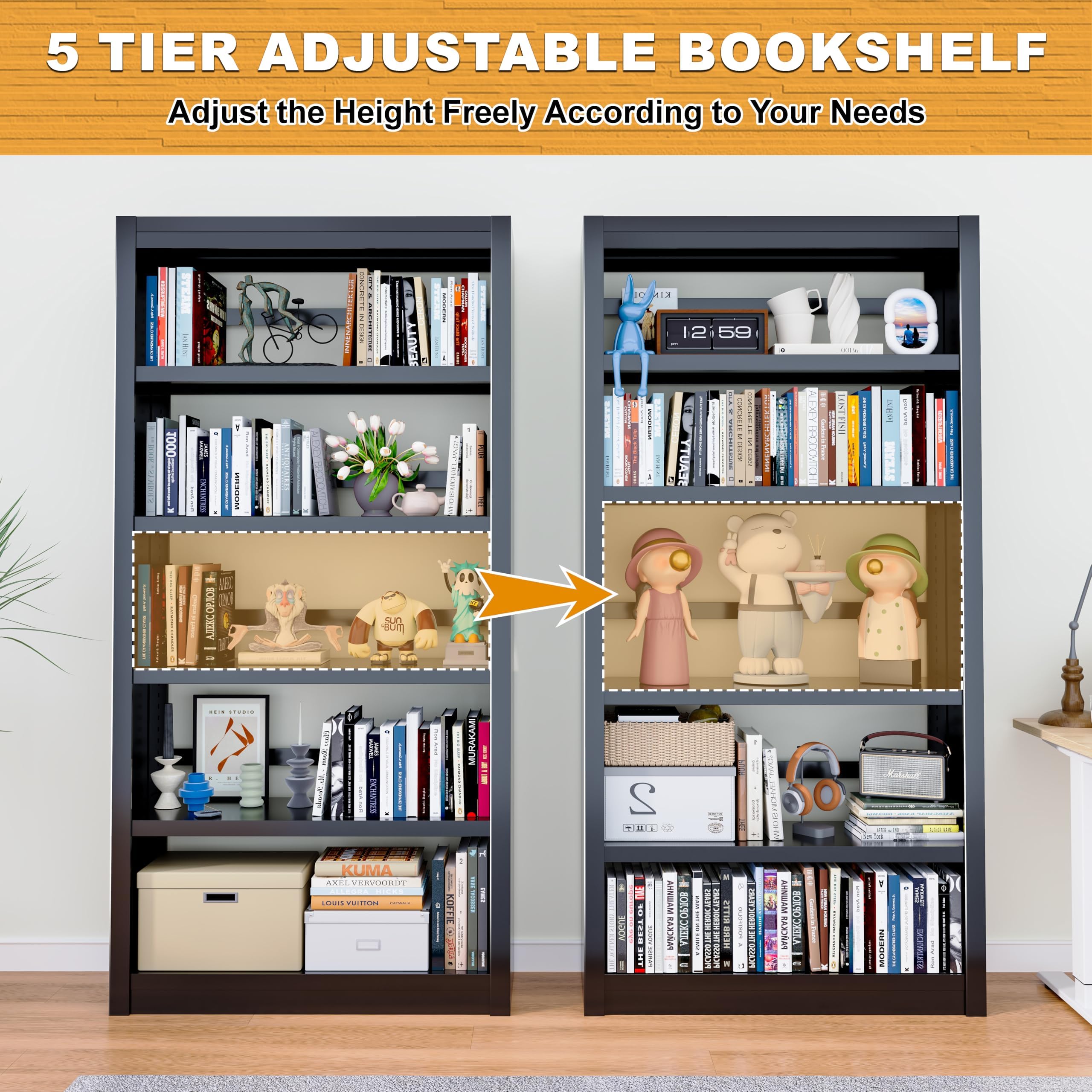 Bookshelf, 69" H Tall Metal Book Shelf, Heavy Duty Modern Book Shelves, 5 Tier Black Bookcase with Adjustable Shelves for Living Rooms, Home Offices, Library, 10 Minutes Assemble