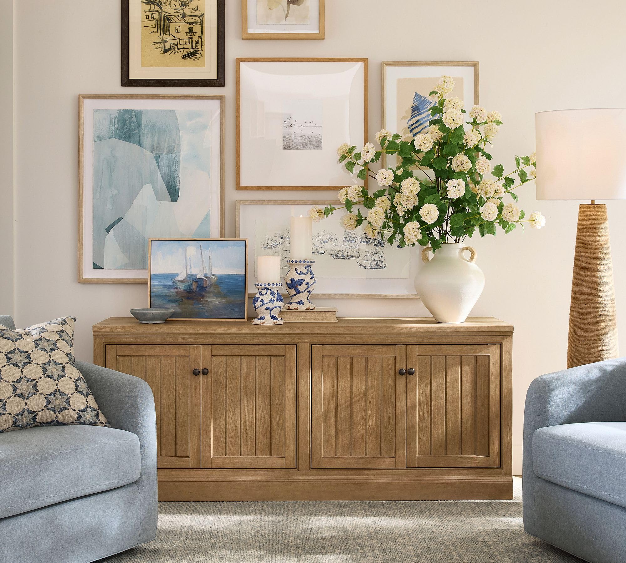 72" Modern Farmhouse Sideboard Buffet Cabinet, Natural Finish Composite Wood Credenza with 4 Fluted Panel Doors, Adjustable Shelves & Cable Cutouts, Freestanding Storage Console for Dining Room