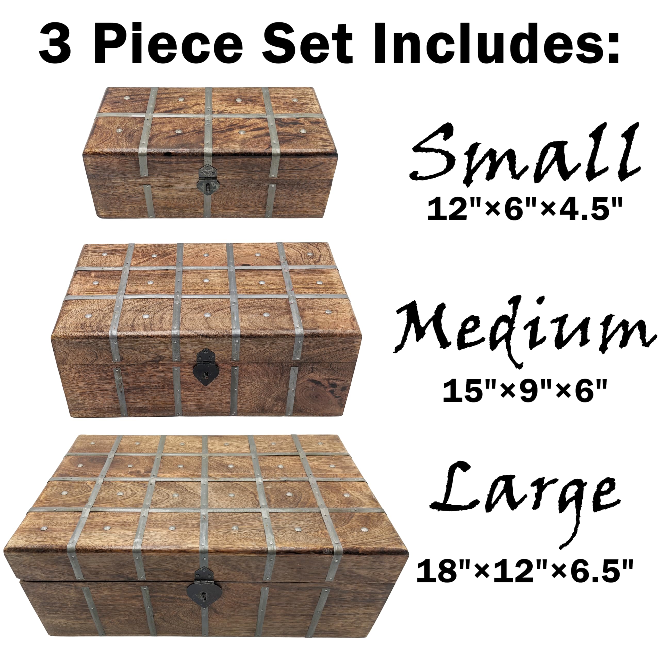 SciencePurchase Set of 3 Nesting Wooden Pirate Treasure Chests (Small, Medium, and Large), Hinged Storage Boxes Decorated with Grey Metal Accents, Black Hasps for Locks
