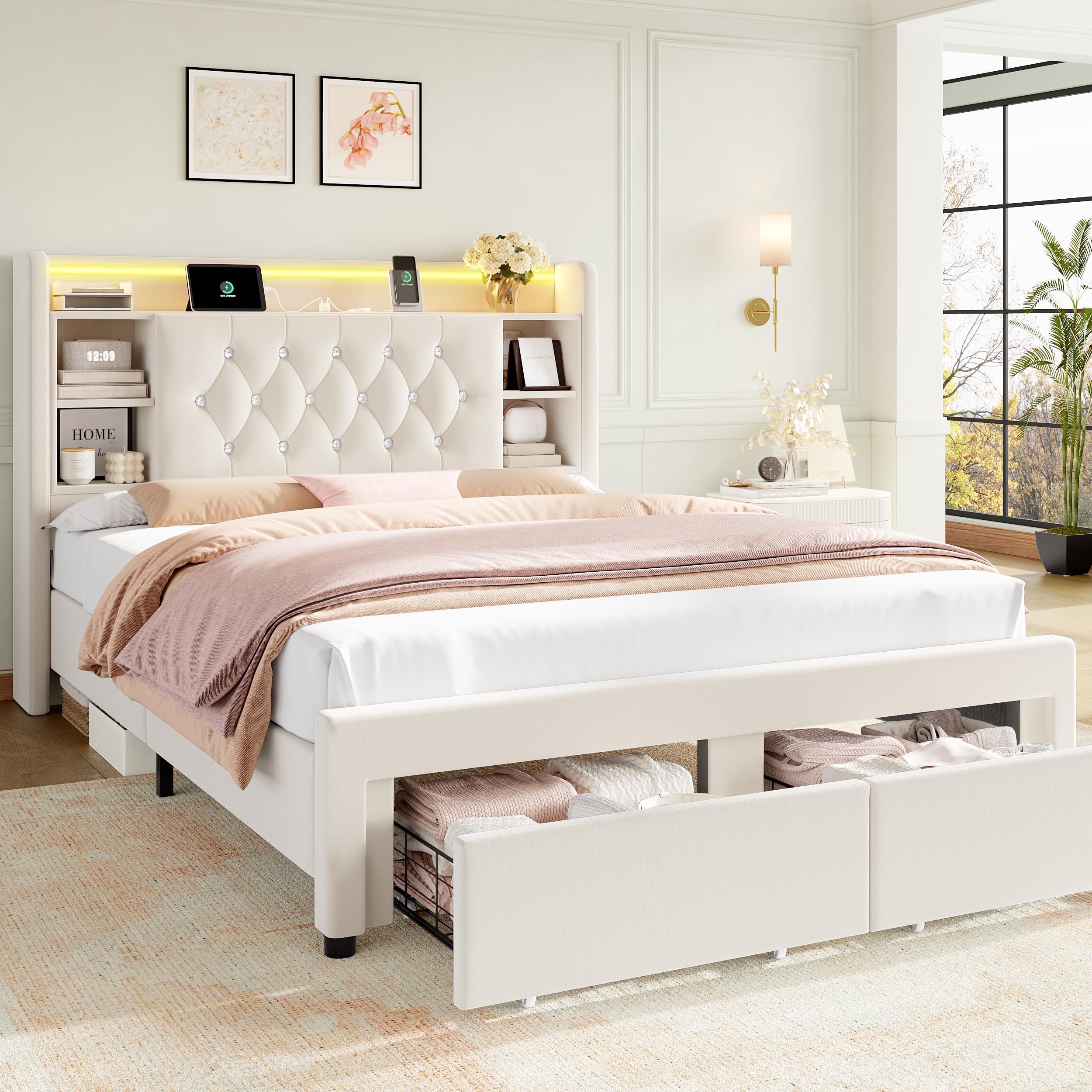 Upholstered Platform Bed with LED Headboard & Storage Drawers