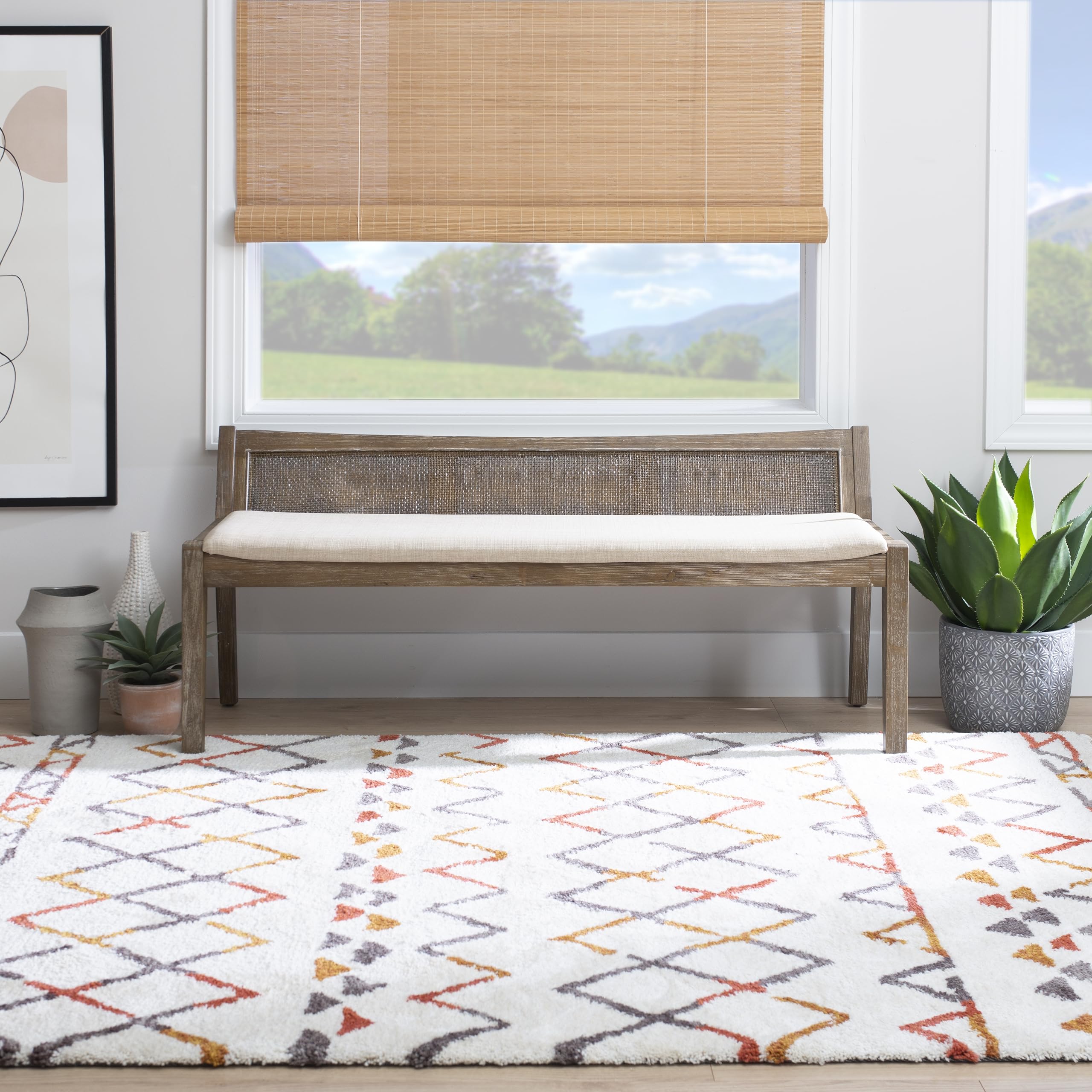 Kasi Brown Low Back Cane Bench with Beige Upholstered Seat by Powell