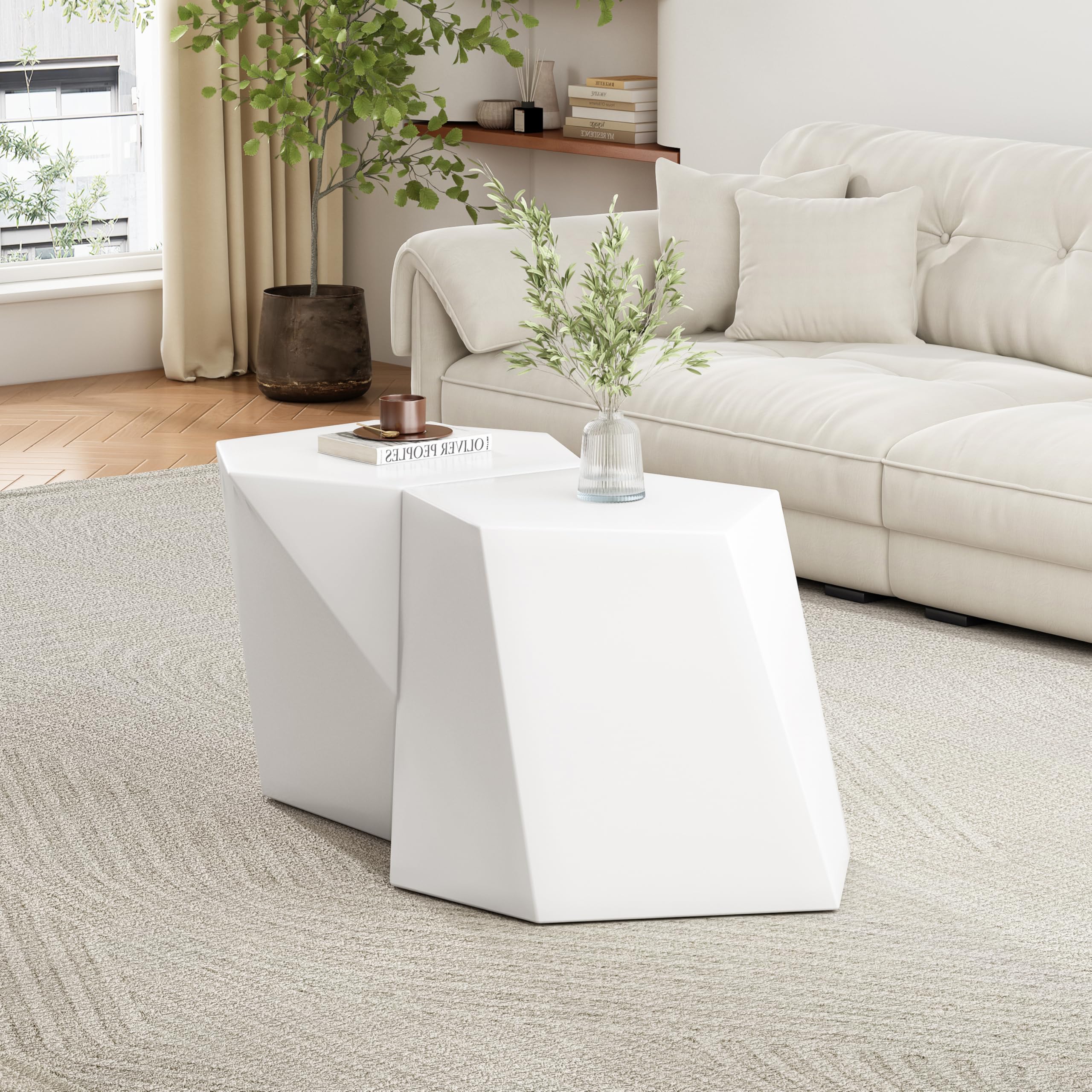Christopher Knight Home Skyles Coffee Table Set of 2, Geometric Lightweight Concrete Patio End Table, Contemporary Home Decor, Flexible Indoor Outdoor Coffee Tables, No Assembly Required, White