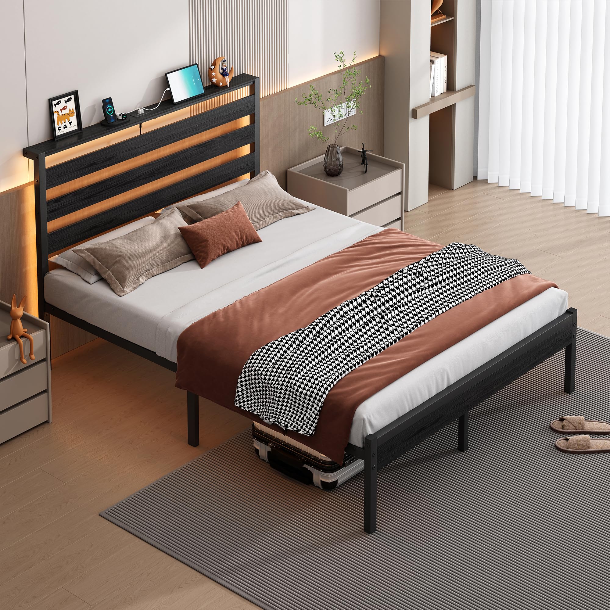 Metal Platform Bed Frame with Headboard, LED Lights & USB Charging