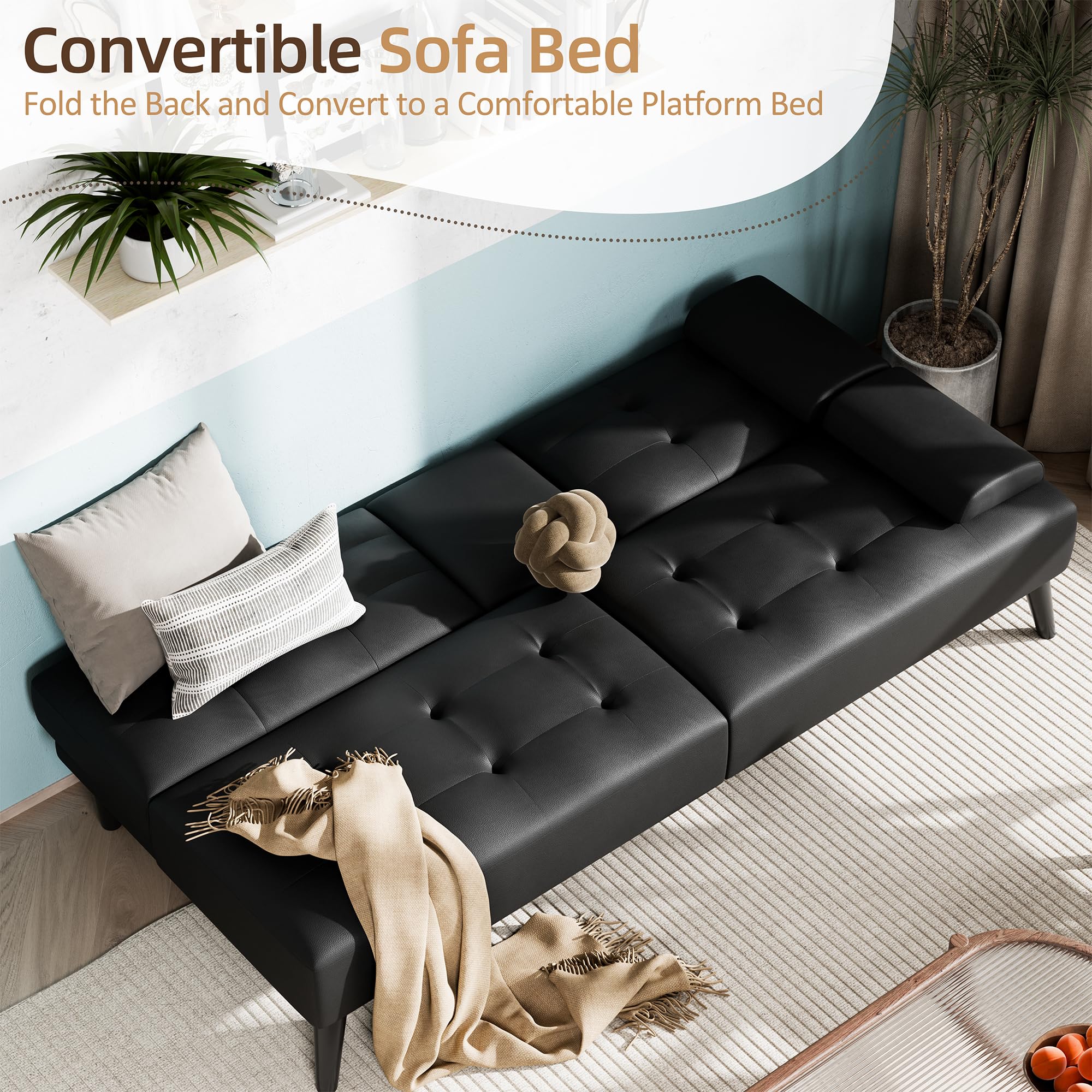Foldable Futon Sofa Bed with Reclining Backrest & Cup Holders