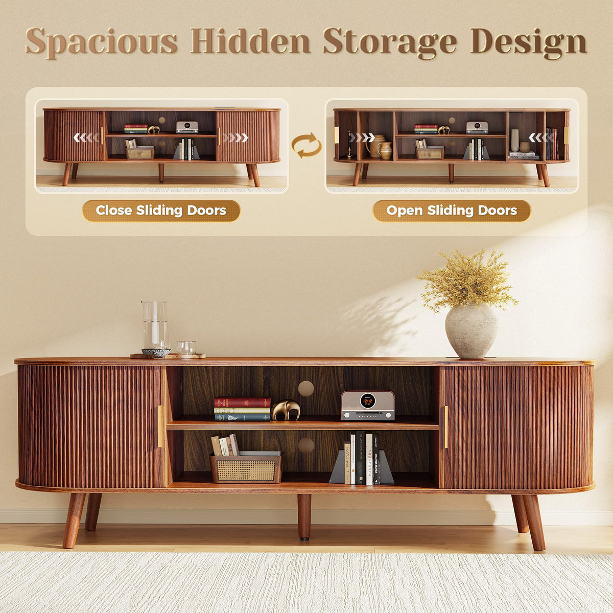 PRAISUN 63 Inch Fluted TV Stand for TVs up to 55, 65 Inch, TV Media Console with Power Outlets and USB-C Port, Entertainment Center with Storage, Curved Sliding Doors, Adjustable Shelf, Brown