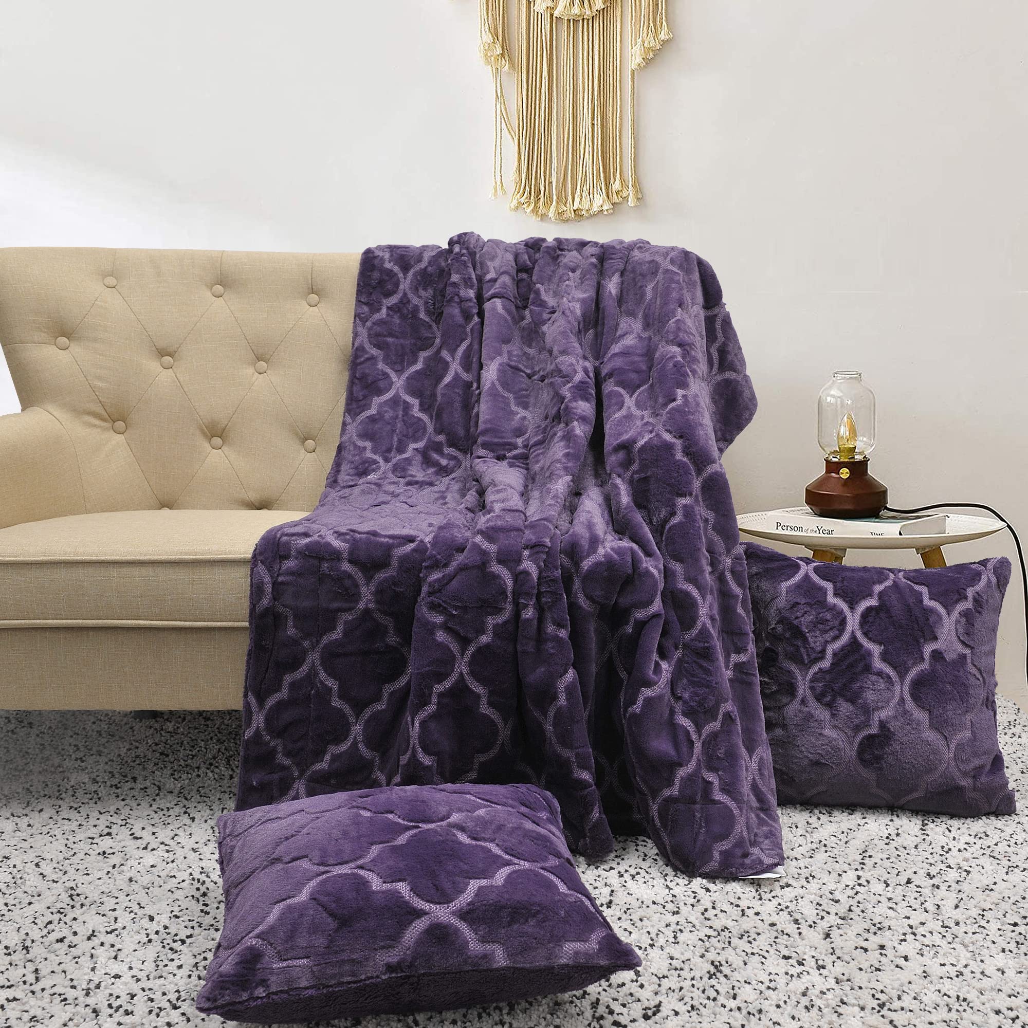 Faux Fur Throw Blanket & Pillow Cover Set