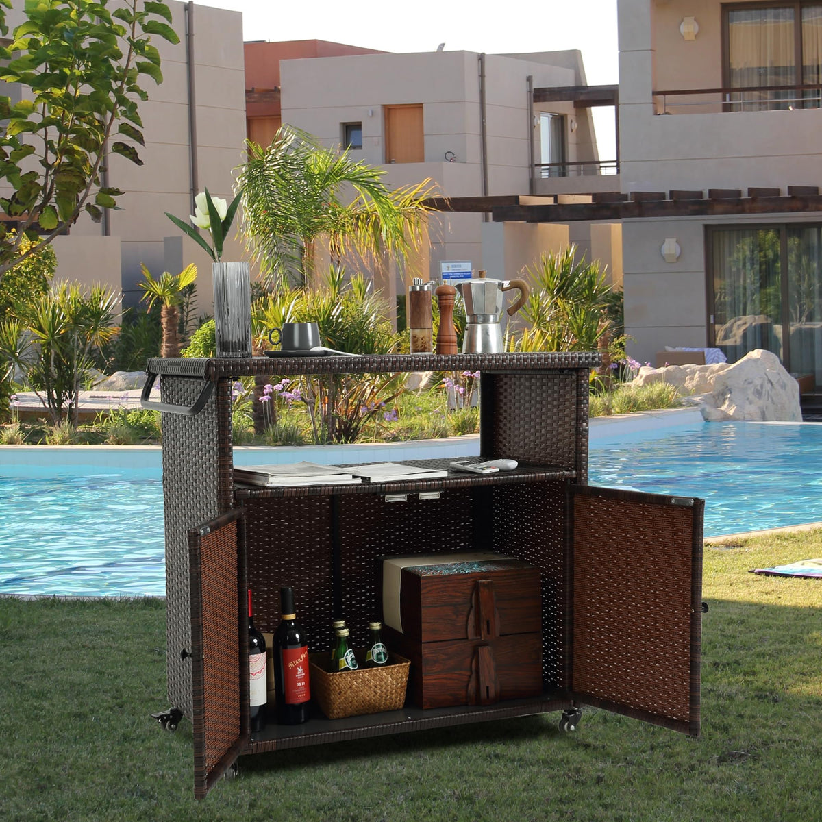 Villeston Wicker Outdoor Bar Cart - Brown Patio Console Table Wagon