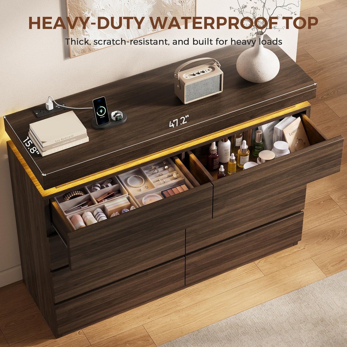 8 Drawer Dresser with LED Lights and Charging Station, Modern Brown Dresser