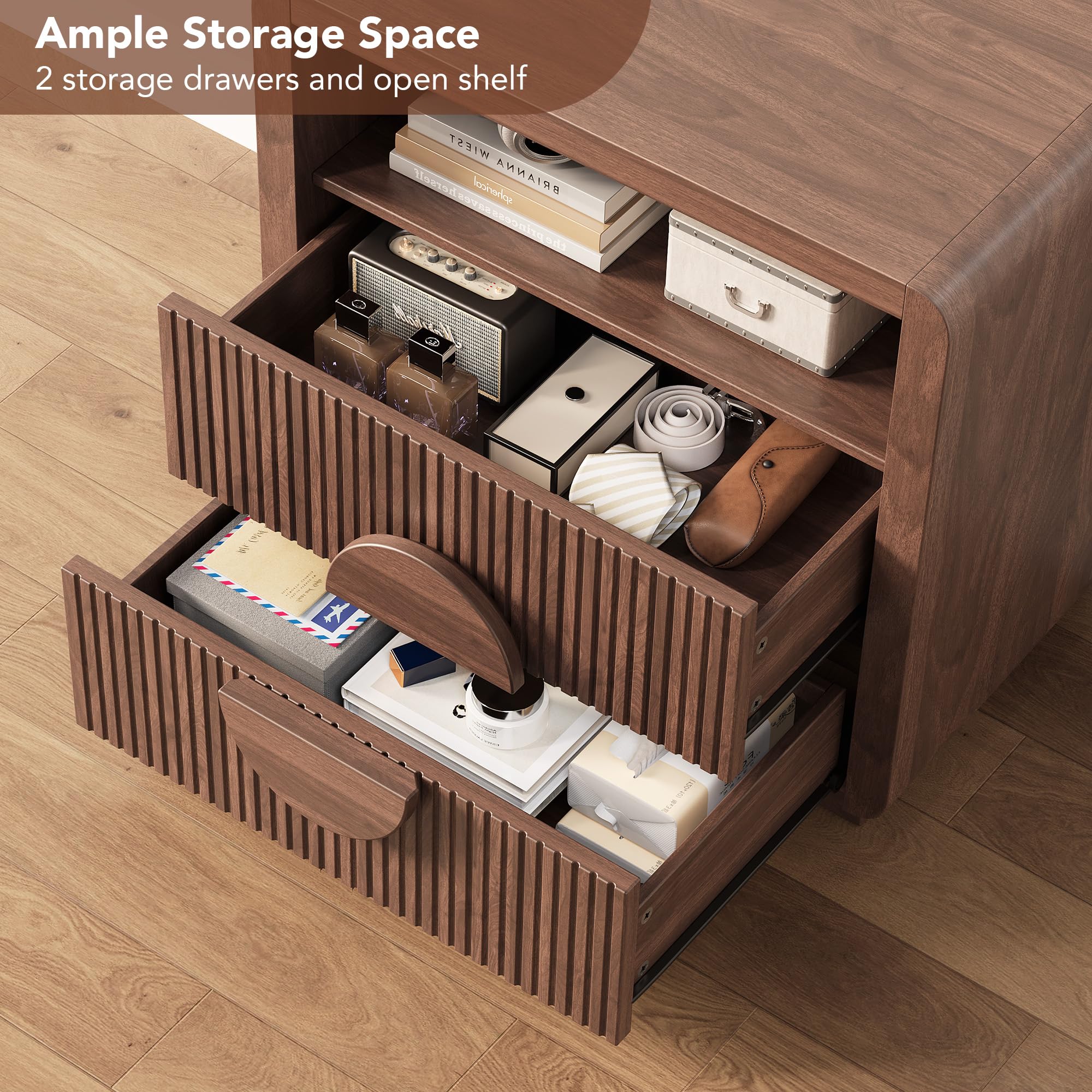 Fluted Nightstand with Charging Station & Storage