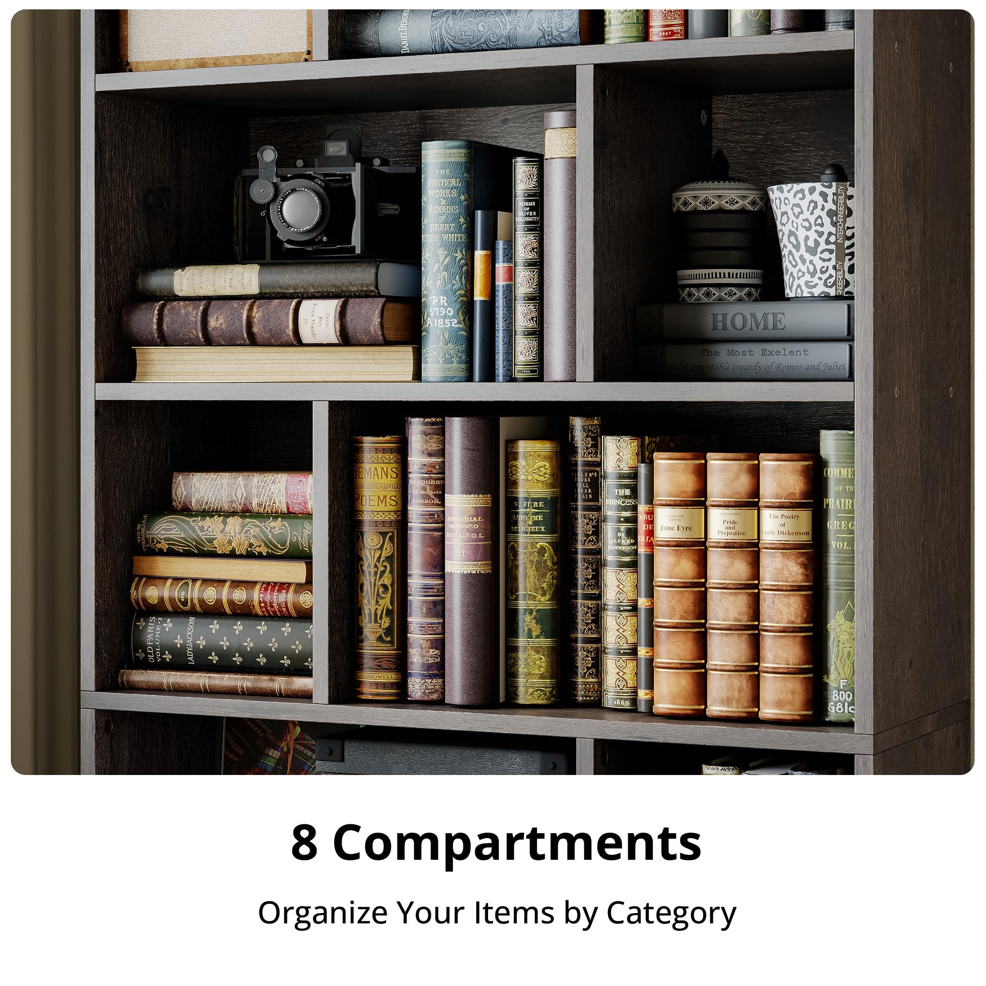 IRONCK Book Shelf, Tall Bookshelf with Storage, Bookshelves and Bookcases with Doors, 4-Tier Bookcase with 8 Open Cubes for Living Room, Office, Study, Charcoal Gray
