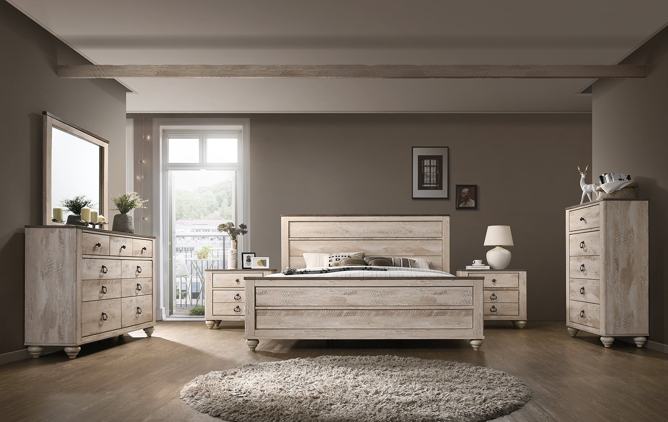 Roundhill Furniture Amerland Contemporary White Wash Finish 6-Piece Bedroom Set,