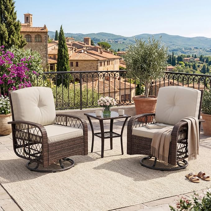 SLEKVERSA 3-Piece Swivel Bistro Patio Set – All-Weather Wicker Chairs with Tempered Glass Table & Thick Blue Cushions for Garden, Balcony, Deck – Brown Gradient Rattan + Blue Cushion