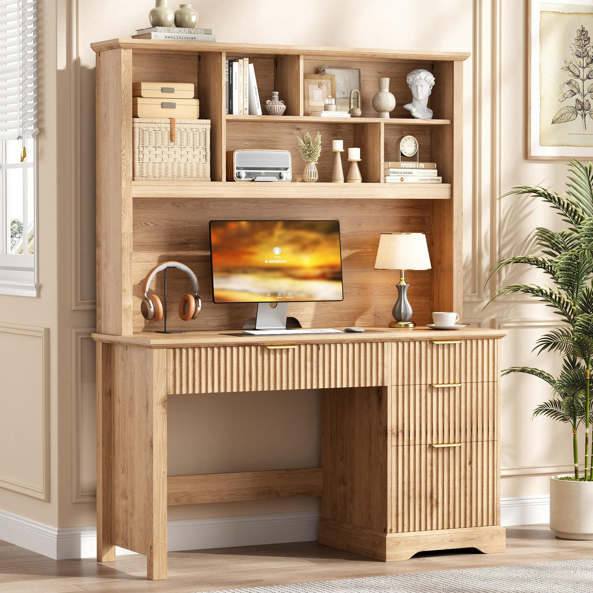 Halitaa Fluted Computer Desk with Hutch and Ample File Drawer, Natural
