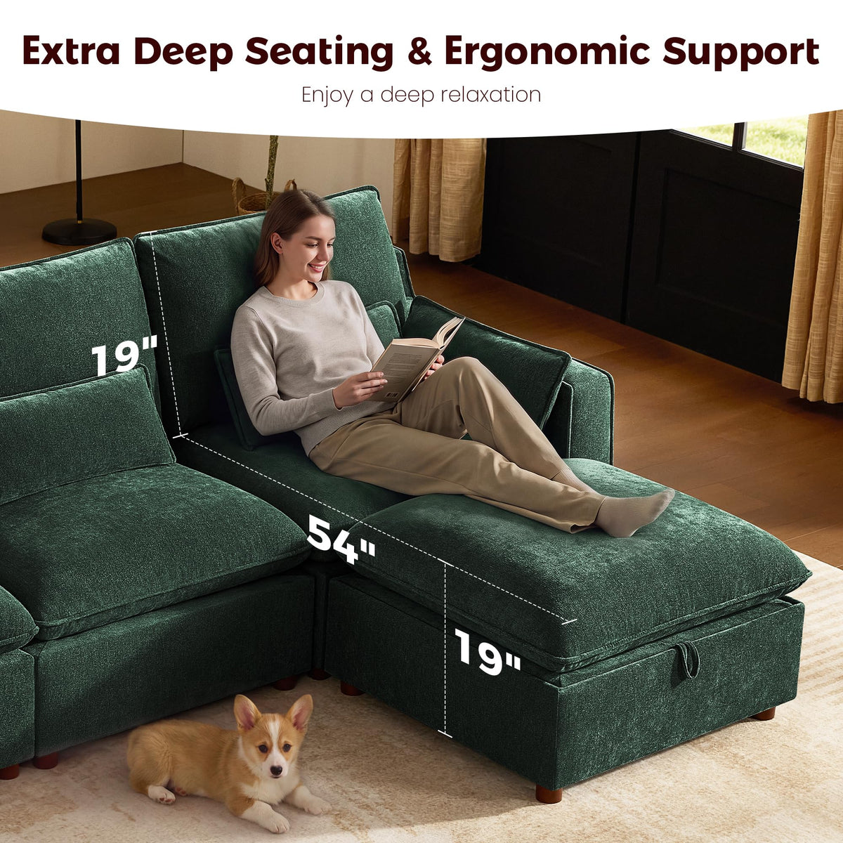 WorthFurni Modern Modular Sectional Sofa,103" U Shape Minimalist Couch with Storage Ottoman,Comfty 4 Seat Sofa for Living Room,Green Chenille