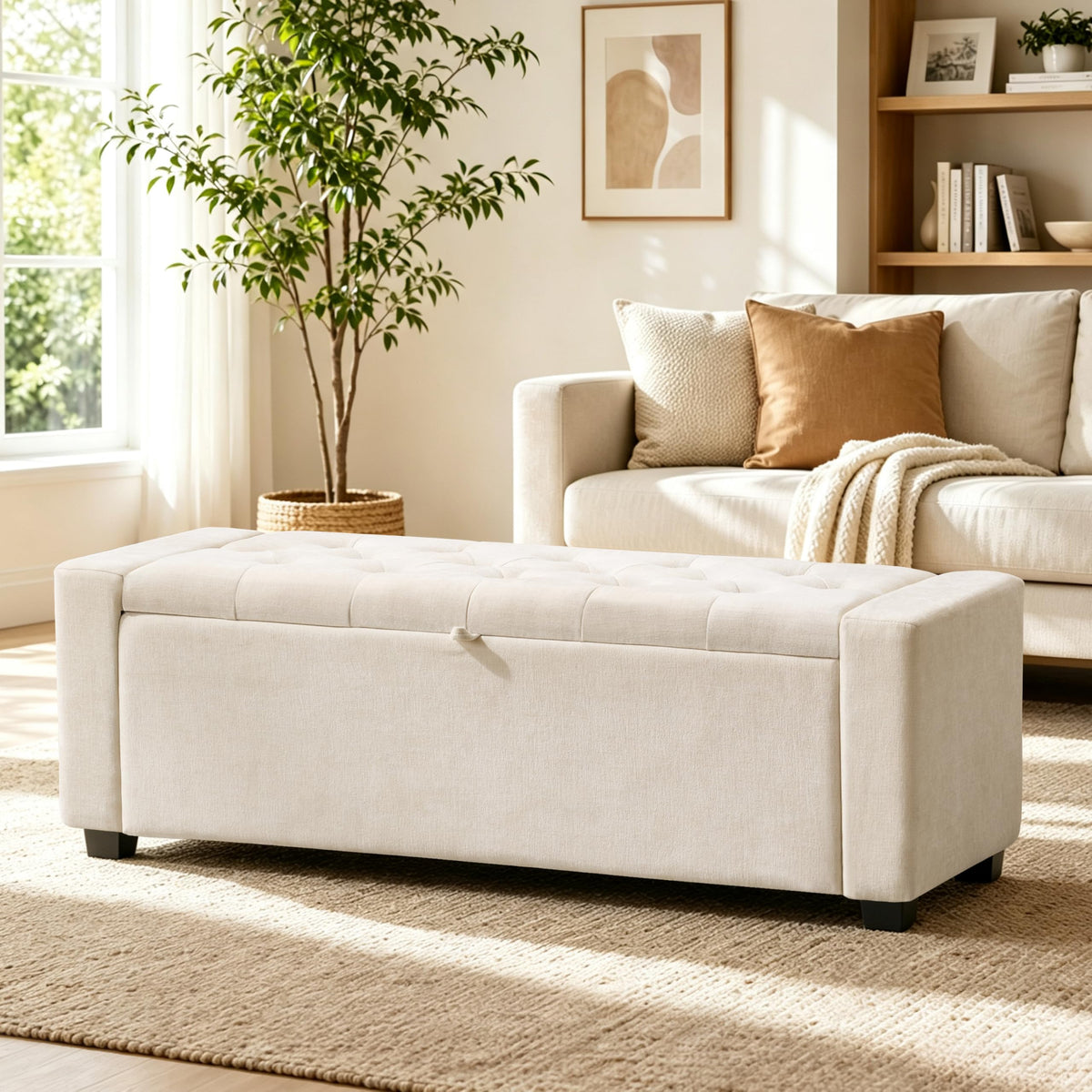 Tufted Linen Storage Bench