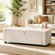 48" Ottoman with Storage, Tufted Linen Storage Ottoman Bench, Beige