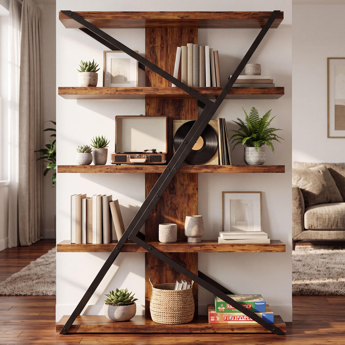 5-Tier Wood and Iron Bookshelf