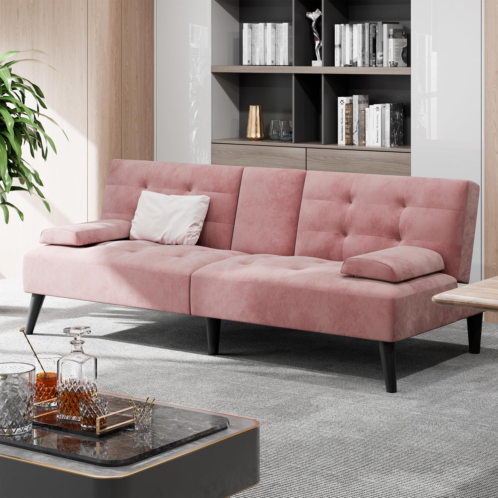 Velvet Futon Sofa Bed with Removable Armrests – Pink