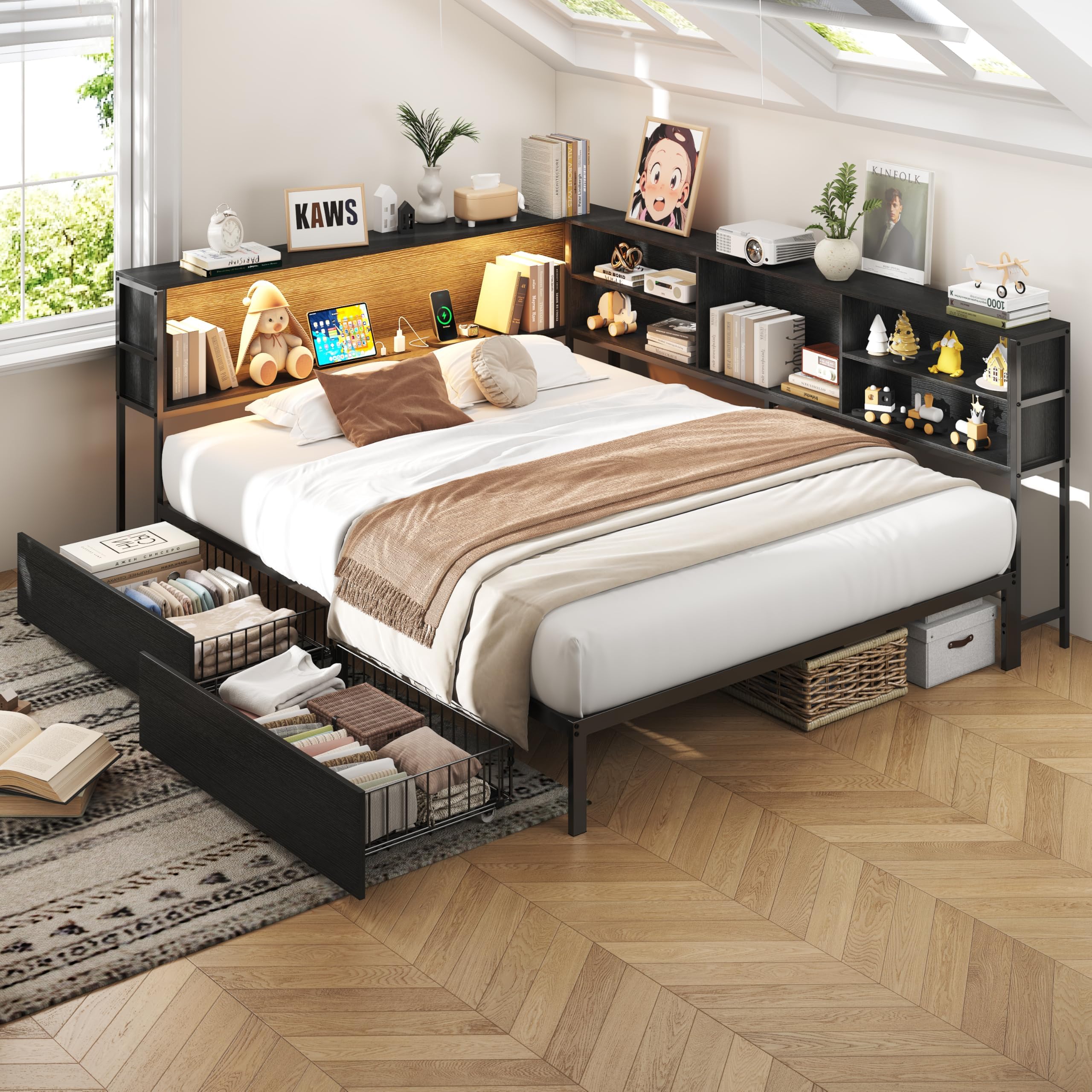 Full Size Corner Bed Frame with Storage, LED Lights & Charging Station