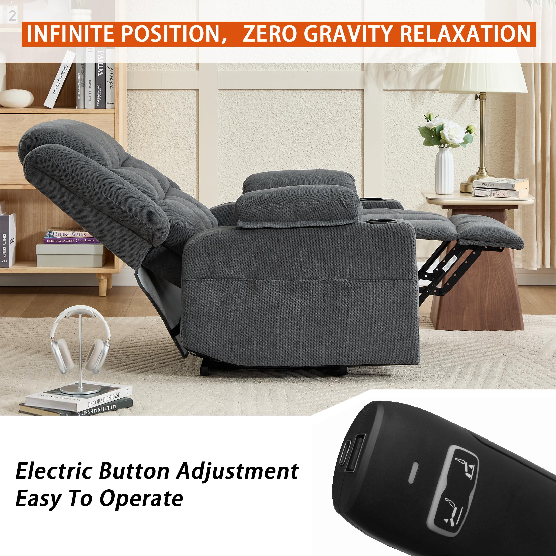 Ketaiyou Electric Power Lift Recliner Chair Sofa with Massage and Heat for Elderly, USB and Type-C Ports, Cup Holders, Infinite Position (Dark Grey, Regular)