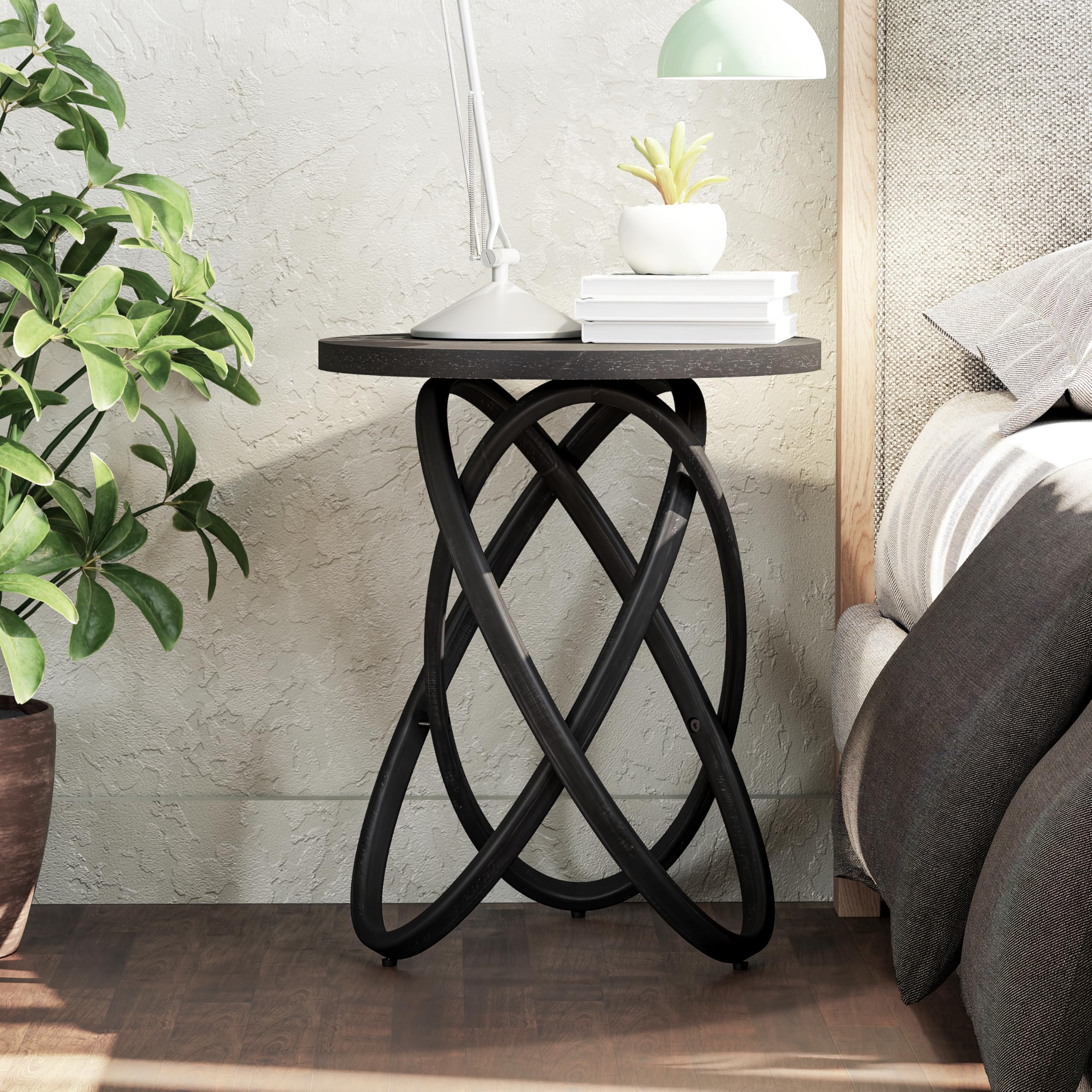 COZAYH Round End Table Farmhouse Wood Side Table Rustic Plant Stand with Intertwined Line Design for Living Room, Office, Black