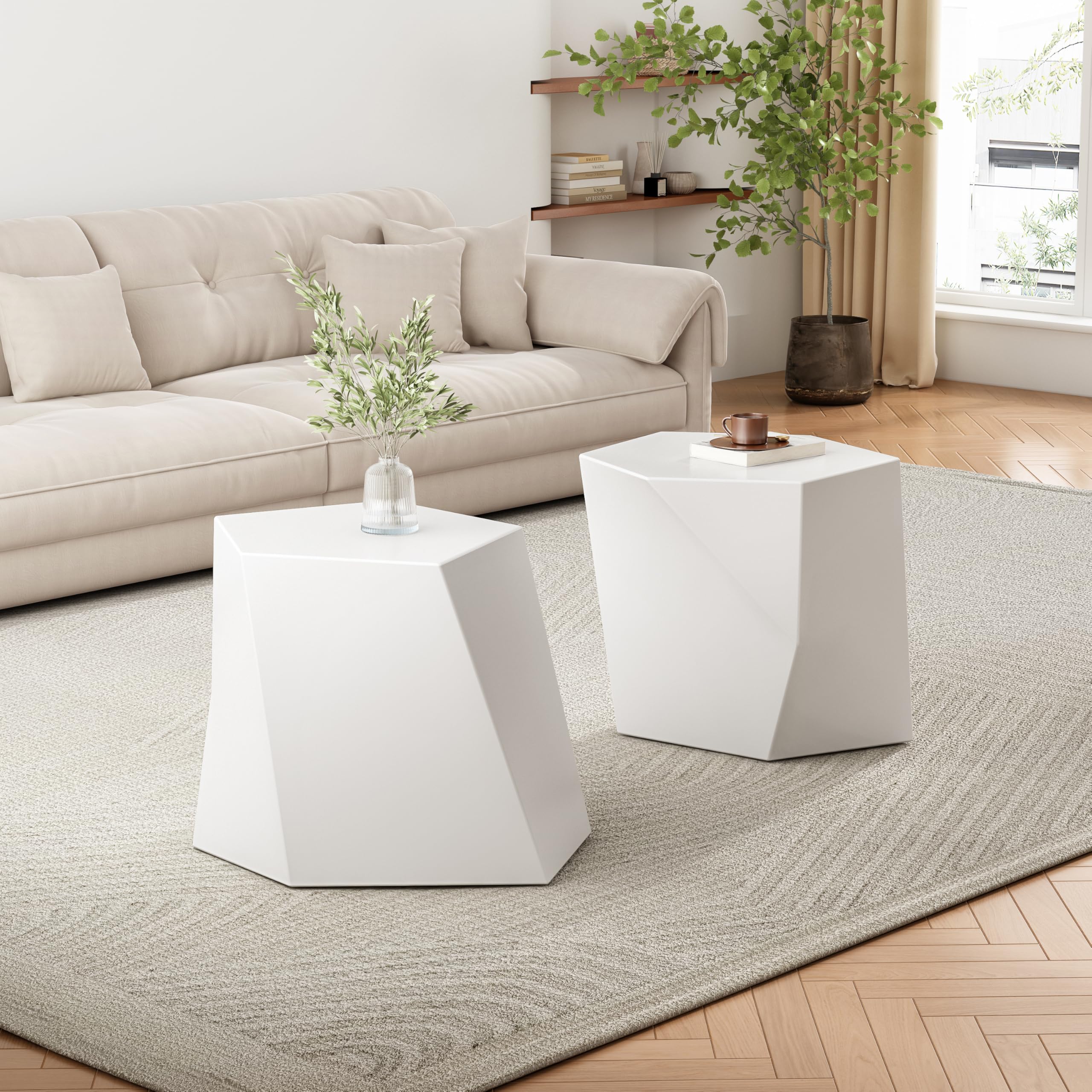 Christopher Knight Home Skyles Coffee Table Set of 2, Geometric Lightweight Concrete Patio End Table, Contemporary Home Decor, Flexible Indoor Outdoor Coffee Tables, No Assembly Required, White