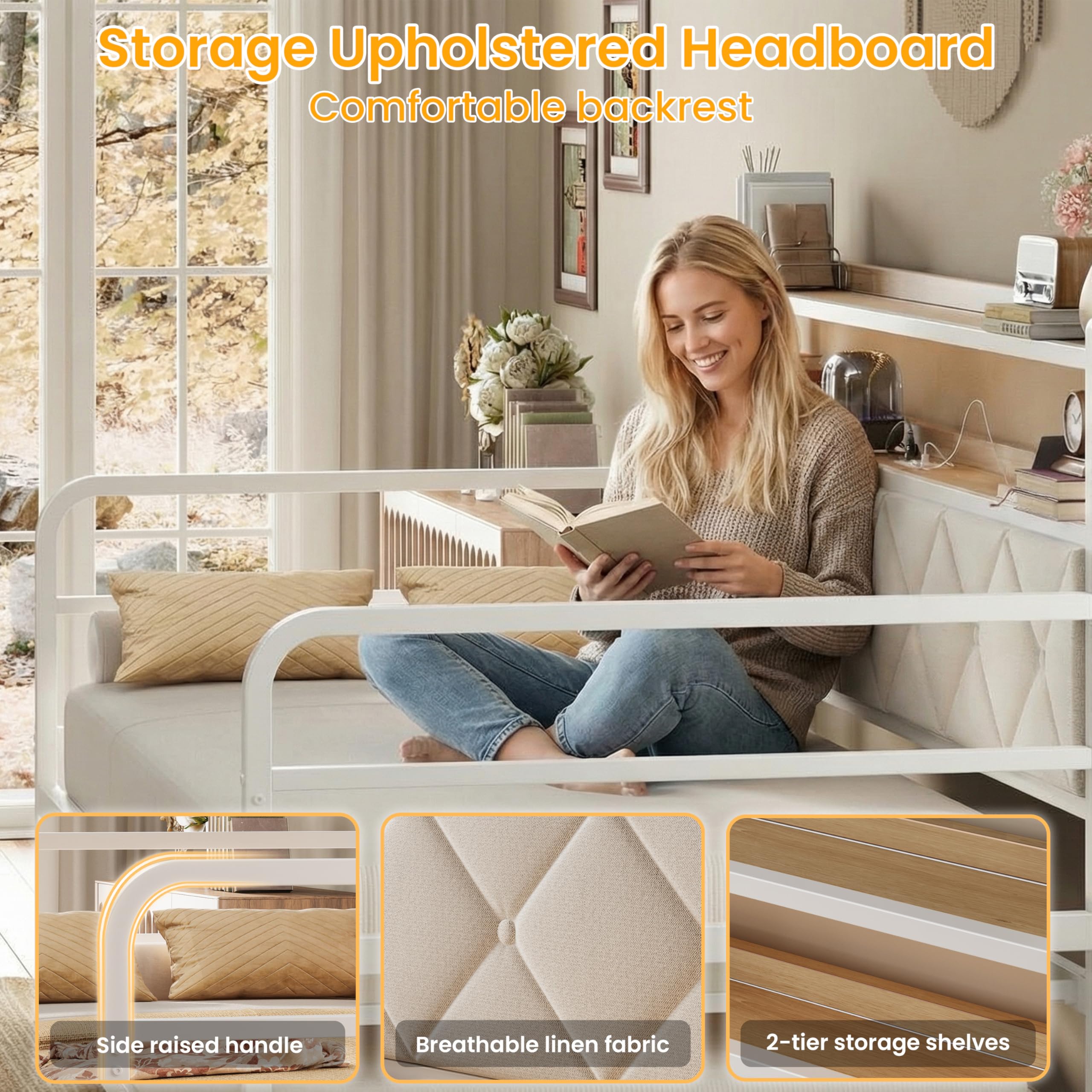 LIKIMIO Twin Daybed with Trundle, 700lbs Capacity, LED Lights & Charging Station, Twin Bed Frame with Storage, Convertible Sofa Bed for Bedroom, Living Room, White