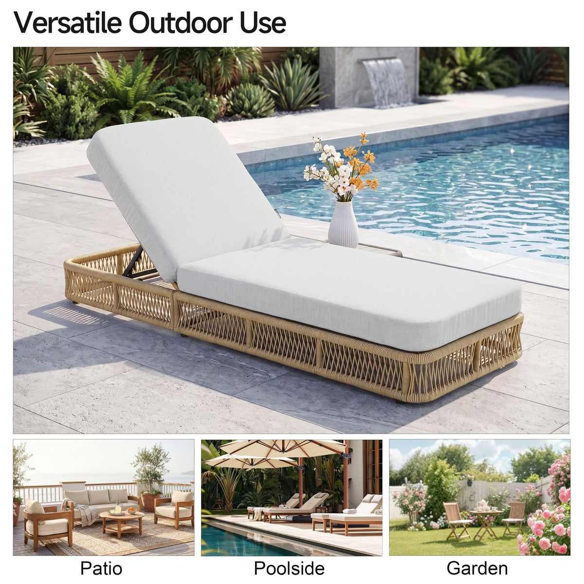 Outdoor Chaise Lounge Chair Set of 2, 5-Position Adjustable Backrest, All-Weather Brown Woven Rope Recliner with 5 Inch Beige Cushion, Water-resistant Patio Lounge Chair for Poolside, Beach, Backyard