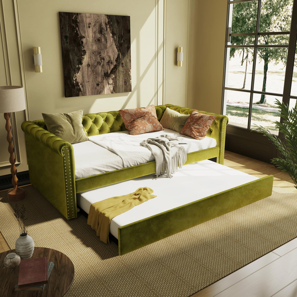 Merax Twin Size Upholstered Daybed with Trundle, Modern Velvet Sofa Bed with Tufted Button Design and Curved Armrests for Living Room, Bedroom and Guest Room, No Box Spring Needed, Green