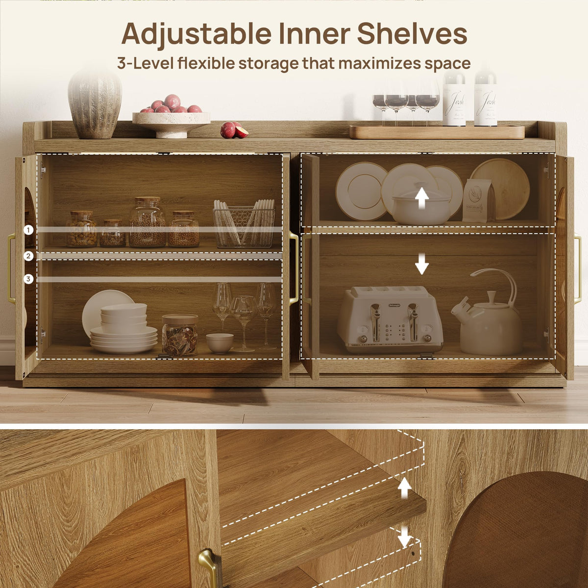SICOTAS Sideboard Buffet Cabinet with Storage, LED Lights, Arch Glass Doors