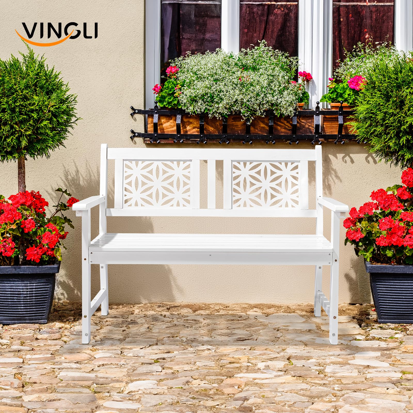 Floral Wood Outdoor Bench – 3-Seater, 660 lbs, White