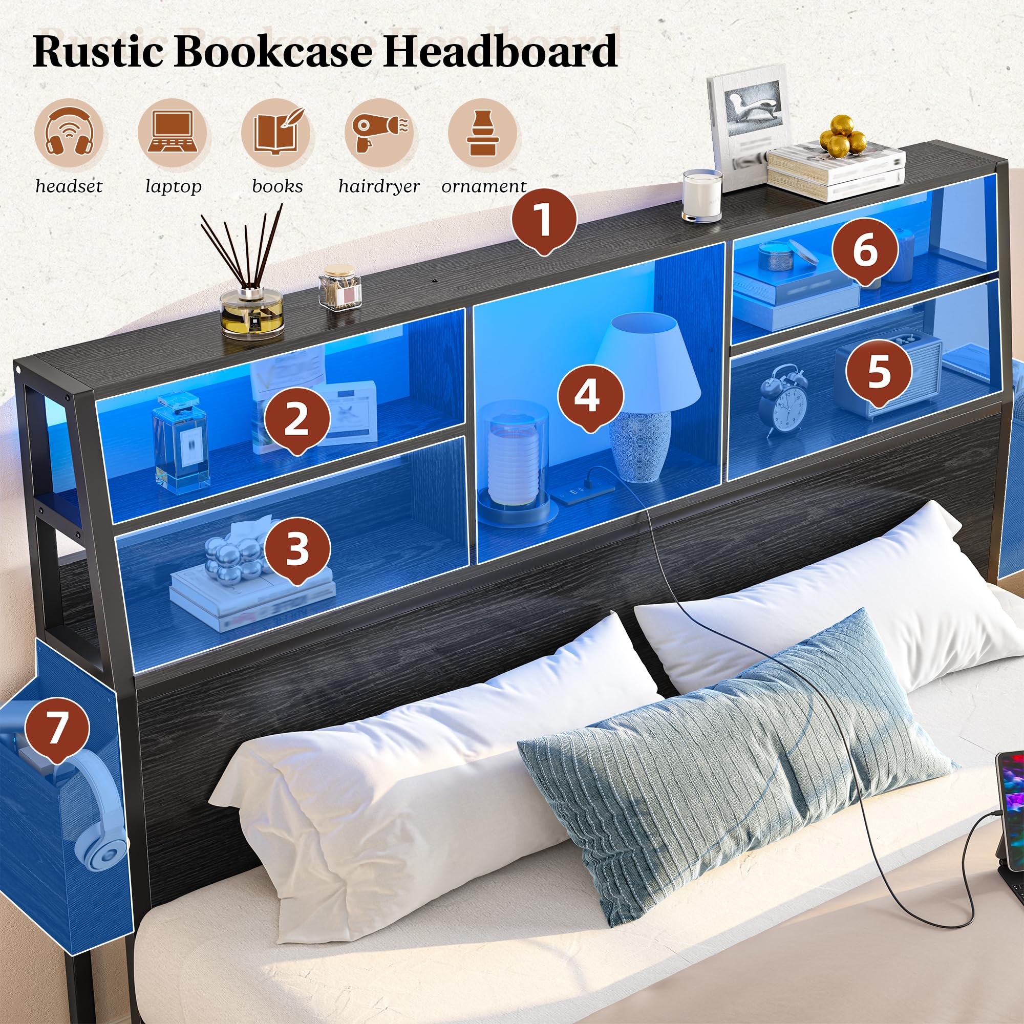 Bed Frame with Storage, LED Lights & Charging Station