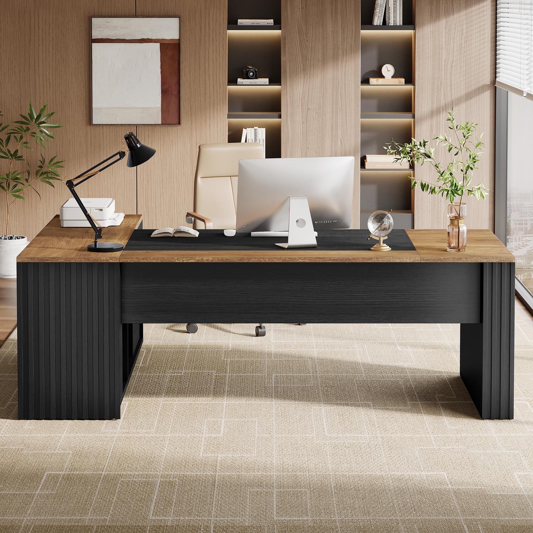 Tribesigns 78" L Shaped Executive Desk with Drawers, Large Office Computer Desk with Cabinet and Storage Shelves, Modern Business Furniture Sets Workstation for Home Office (Brown&Black)