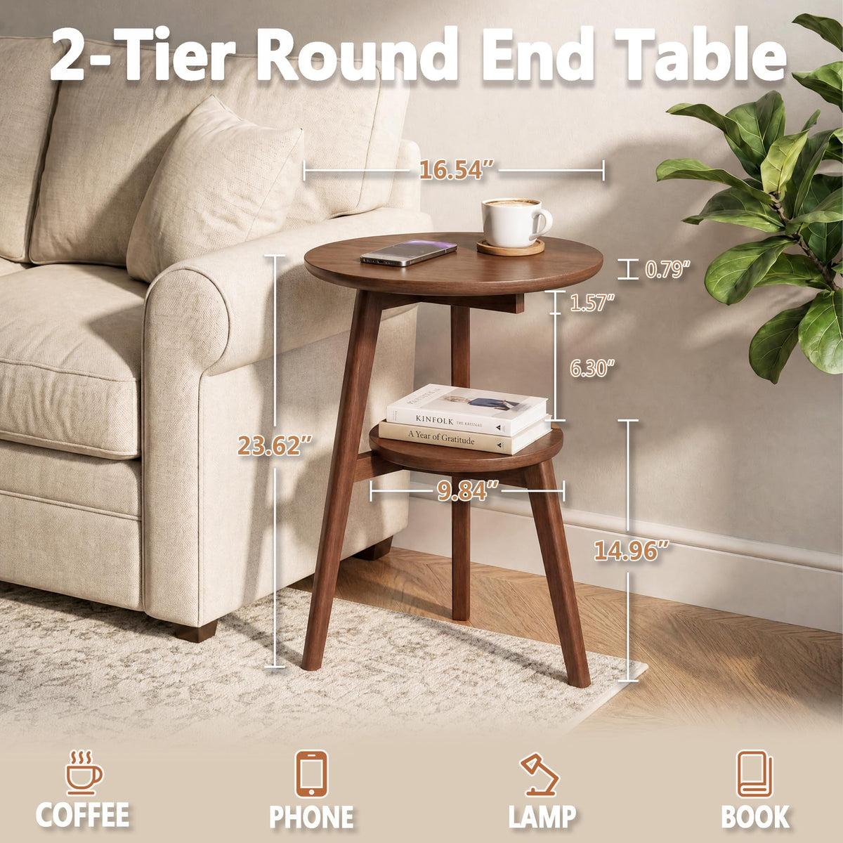 2-Tier Solid Wood Round Side Table, 23.6" H Mid Century End Table(Walnut)