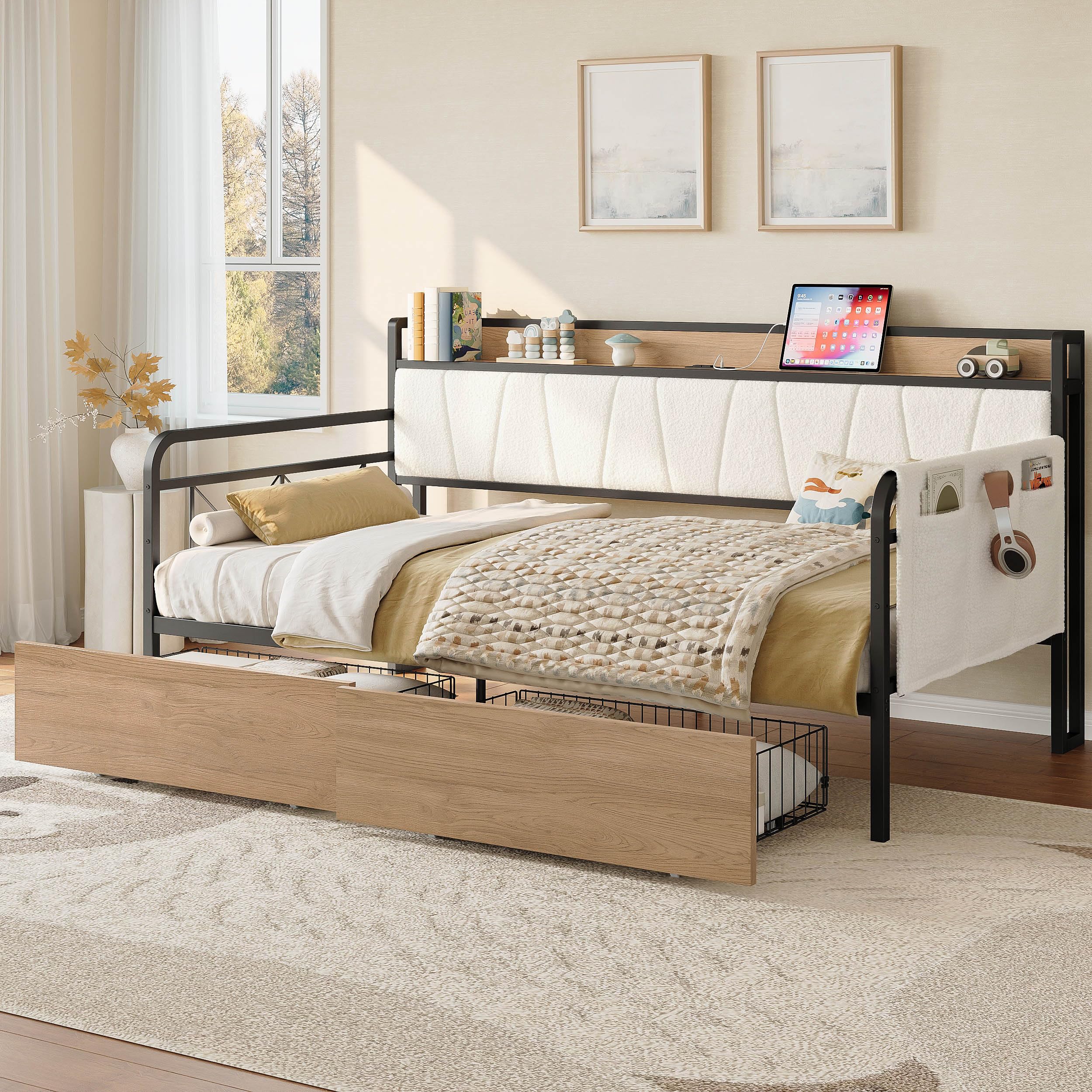 Twin Daybed with Storage Drawers & Charging Headboard