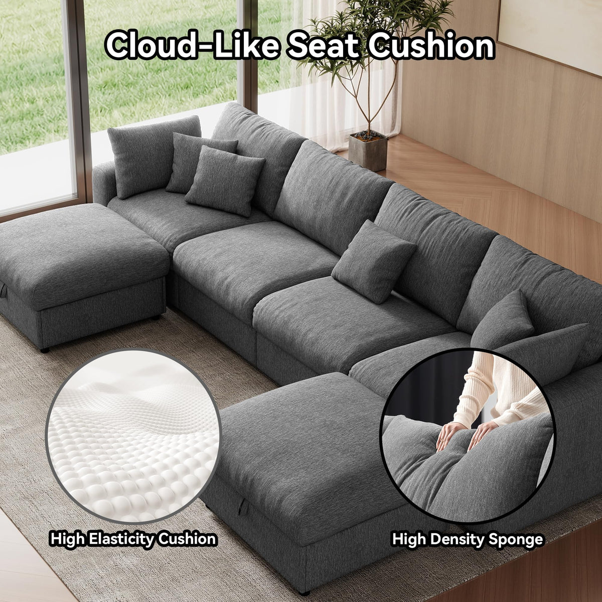 WorthFurni 140” Oversized Cloud Sectional Couches for Living Room, Modern Modular Sectional Sofa with Deep Seat, Convertible U Shape Couch with Storage Ottoman for Apartment, Chenille (Dark Gray)
