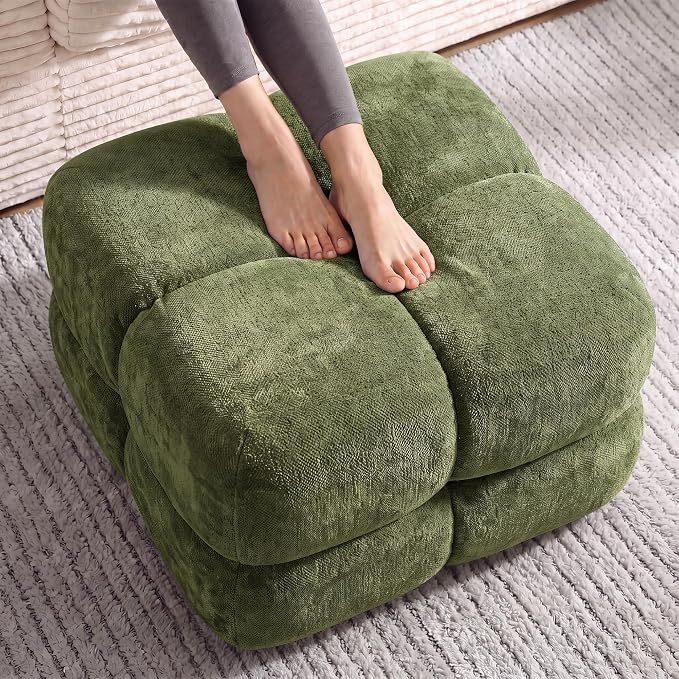 Beige Chenille Pouf Ottoman
