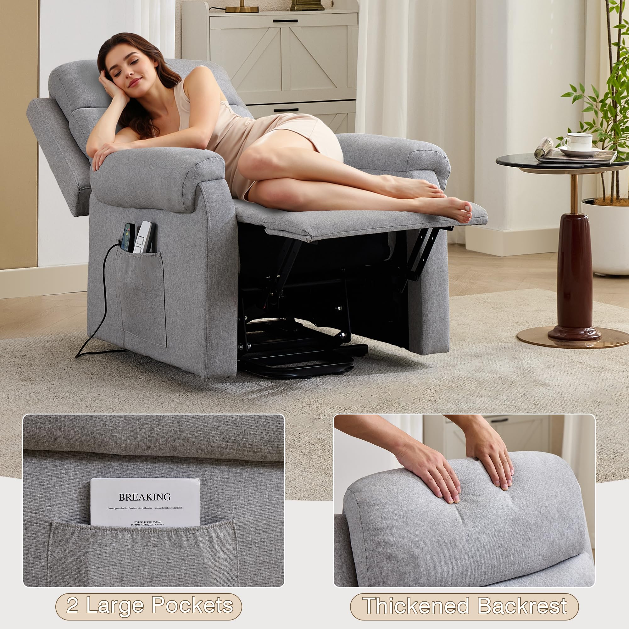 LOUVIXA Power Lift Recliner Chair Recliners for Elderly with Heat and Massage Recliner Chair for Living Room with Infinite Position and Side Pocket, USB Charge Port (Light Grey)