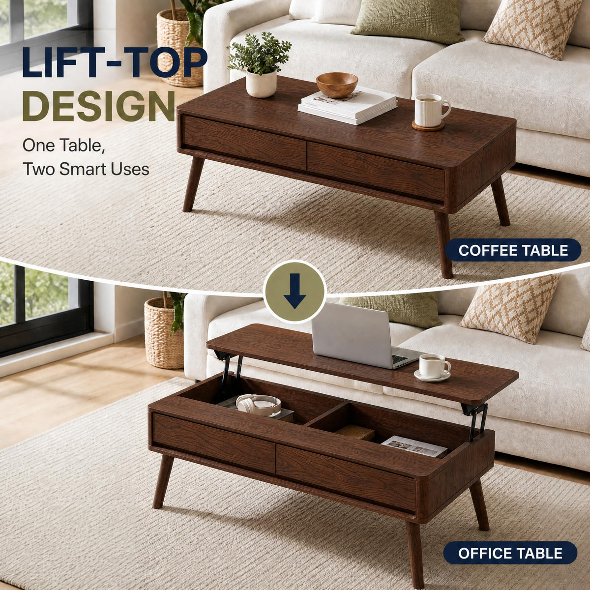 Wayshome Solid Oak Lift Top Coffee Table with Drawers, Walnut, 47.24"