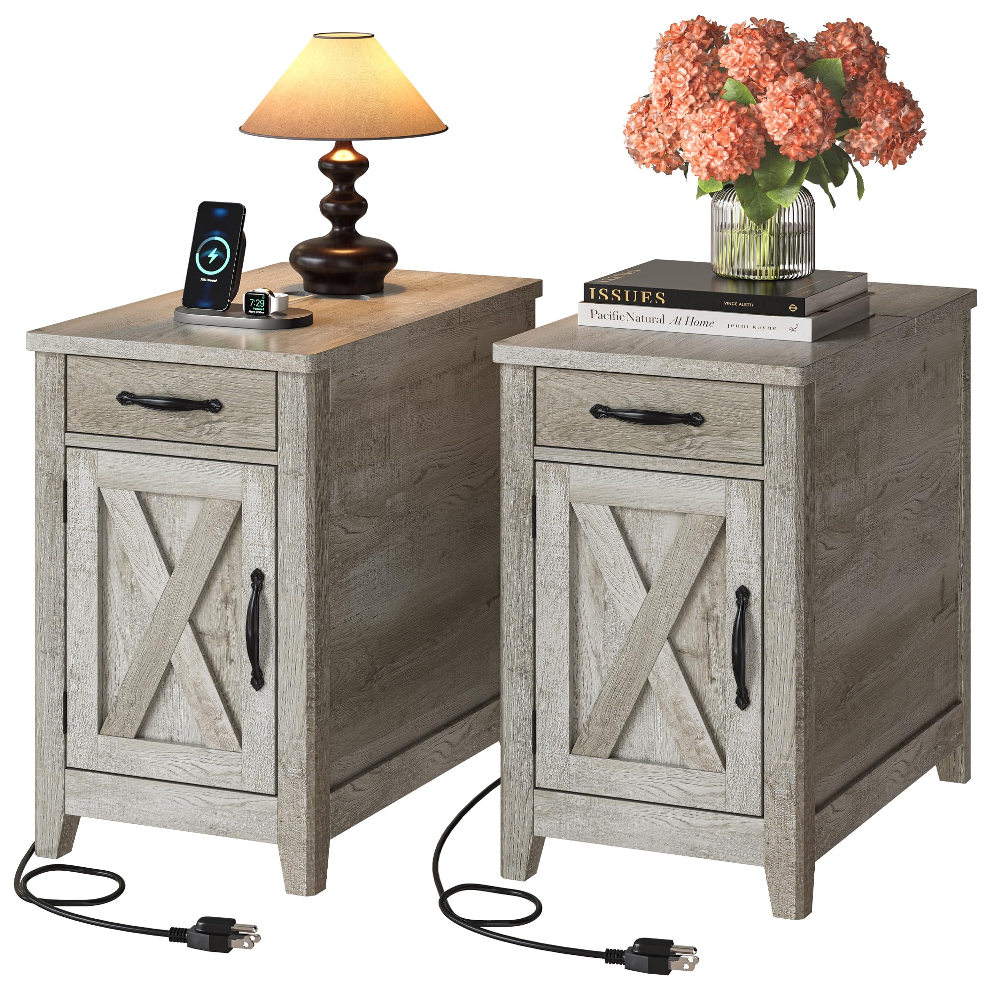 IRONCK End Table with Charging Station, Narrow Side Table for Living Room, Night Stand Set of 2 with Drawer and Cup Holder, Farmhouse Bedside Table with USB Ports and Outlets for Home, Beige Maple